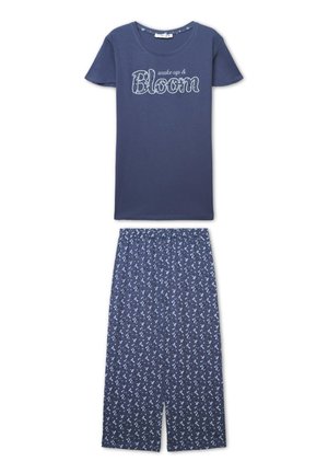 Top a maniche corte blu navy con scritta "wake up & Bloom", abbinato a pantaloni blu navy a gamba larga con un piccolo motivo floreale bianco.