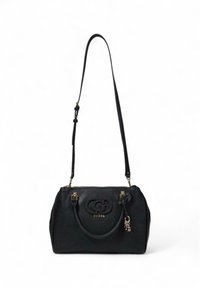 Borsa nera in ecopelle con doppi manici superiori e tracolla removibile. Presenta una finitura in tonalità oro e una superficie testurizzata.