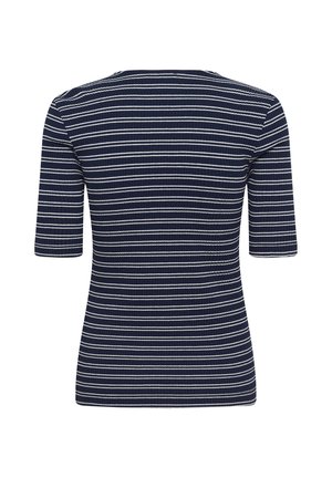 Granatowo-biały top w paski z krótkim rękawem wykonany z prążkowanej tkaniny, z okrągłym dekoltem i dopasowanym krojem.