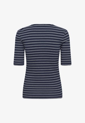 Tumesiniste ja valgete triipudega lühikeste varrukatega top, valmistatud soonikust kangast, ümar kaelus ja liibuv lõige.