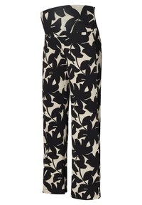 Černé a krémové kalhoty s širokými nohavicemi a květinovým potiskem, s vysokým pasem a hladkou texturou látky.