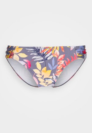 Grijze bloemenbikini broek met kleurrijke bladdessins. Rekbaar materiaal, geplooide zijdetails en een gematigde snit.