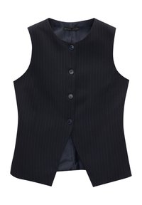 Marineblau gestreifte Weste mit rundem Ausschnitt, fünf Knöpfen vorne und einem geteilten Rückendesign. Der Stoff hat eine glatte Textur.