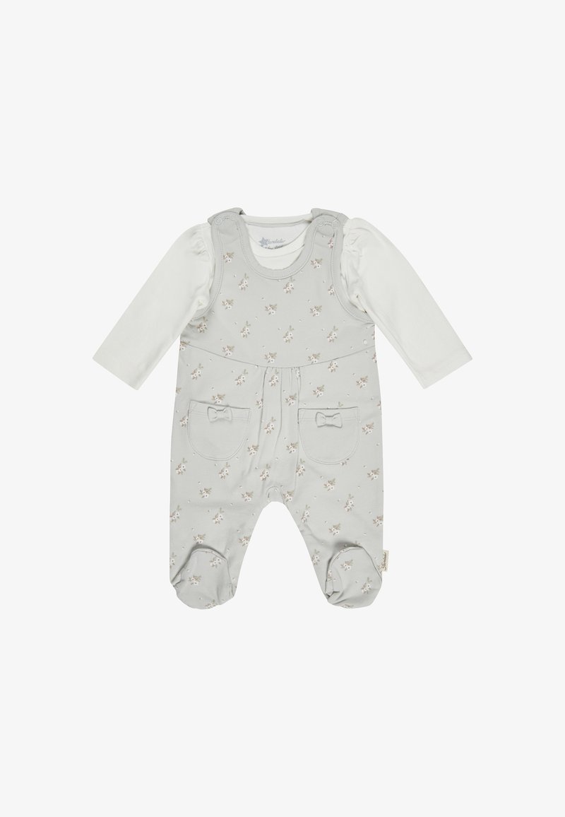 Grau gemusterter Baby-Overall mit angenähtem weißen Langarmshirt, vorderen Taschen mit Schleifen und Füßchen.