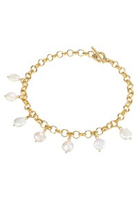 Bracciale in metallo dorato con perle bianche di forma irregolare pendenti dai collegamenti. Presenta un fermaglio a gancio per una chiusura sicura.