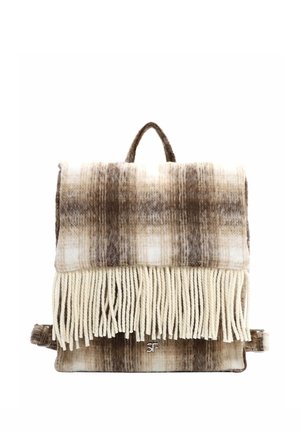 Plaid-patterned brown and beige backpack with a flap, cream yarn fringe, top handle, and SF logo on the front bottom center.