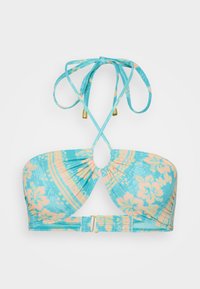Turquoise bikini top with floral print in pink and white, features halter neck ties and a hook closure at the back, gathered fabric design.
