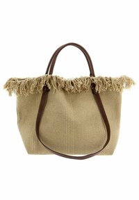 Velká béžová taška z tkaného materiálu, s třásňovým lemem a hnědými koženými uchy, s texturovaným povrchem a prostorným interiérem.