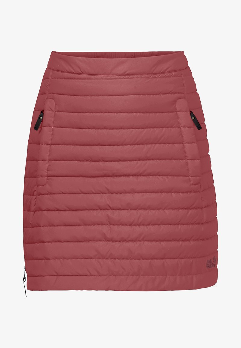 Gevoerd, knielang rok in een rozerkleur met een horizontaal quilted ontwerp. Heeft twee zijzakken en een ritssluiting aan de linkerkant.