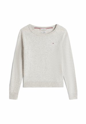 Sweatshirt gris clair à manches longues, col rond et poignets côtelés. Présente un petit logo sur la poitrine. Texture douce, design décontracté.