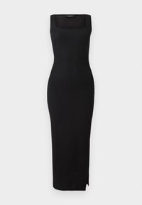 Czarna, prążkowana sukienka midi z kwadratowym dekoltem i bocznym rozcięciem. Charakteryzuje się dopasowanym krojem i elastycznym materiałem dla komfortu.