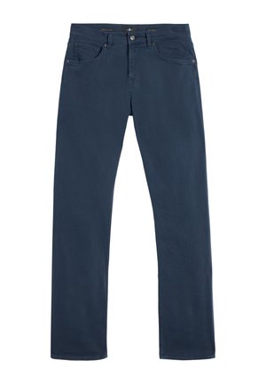 Mørkeblå denim bukser med slim fit, fem lommer og knaplukning, samt diskrete stikninger langs sømmene.