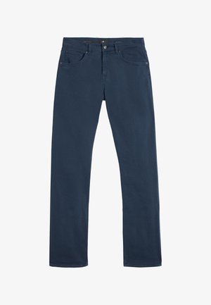 Donkerblauwe denim broek met een slim fit, vijf zakken en een knoopsluiting, met subtiele stikdetails langs de naden.