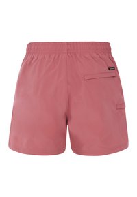 Ružové plavky s elastickým pásom, zadnou vreckom a hladkým, viacvrstvovým textúrou. Neformálny dizajn vhodný na vodné aktivity.