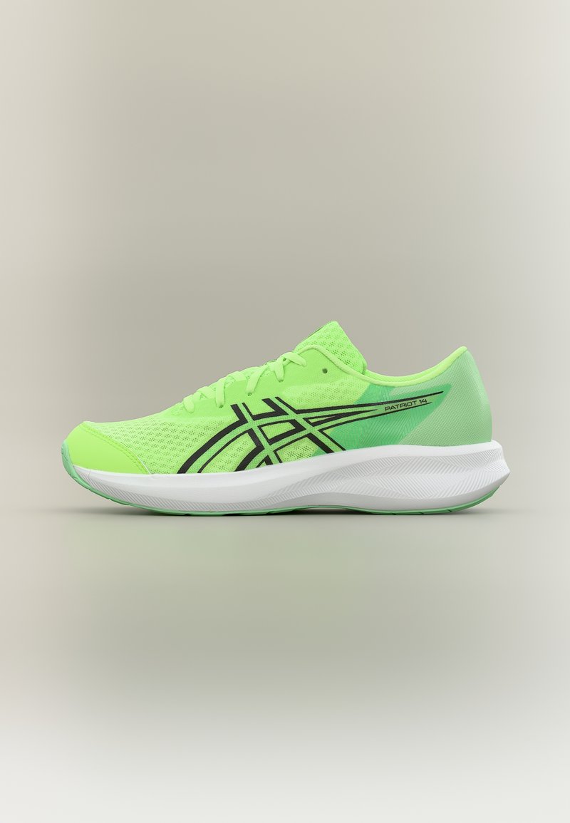 Αθλητικό παπούτσι ASICS Patriot 14 σε νέον πράσινο, με μαύρο λογότυπο και λευκή σόλα, εμφανιζόμενο σε προφίλ σε ουδέτερο φόντο.