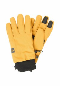 Gele stofhandschoenen met zwarte accenten, vijfvingerontwerp, gewatteerd patroon, elastische zwarte manchet en een kleine lus voor bevestiging.