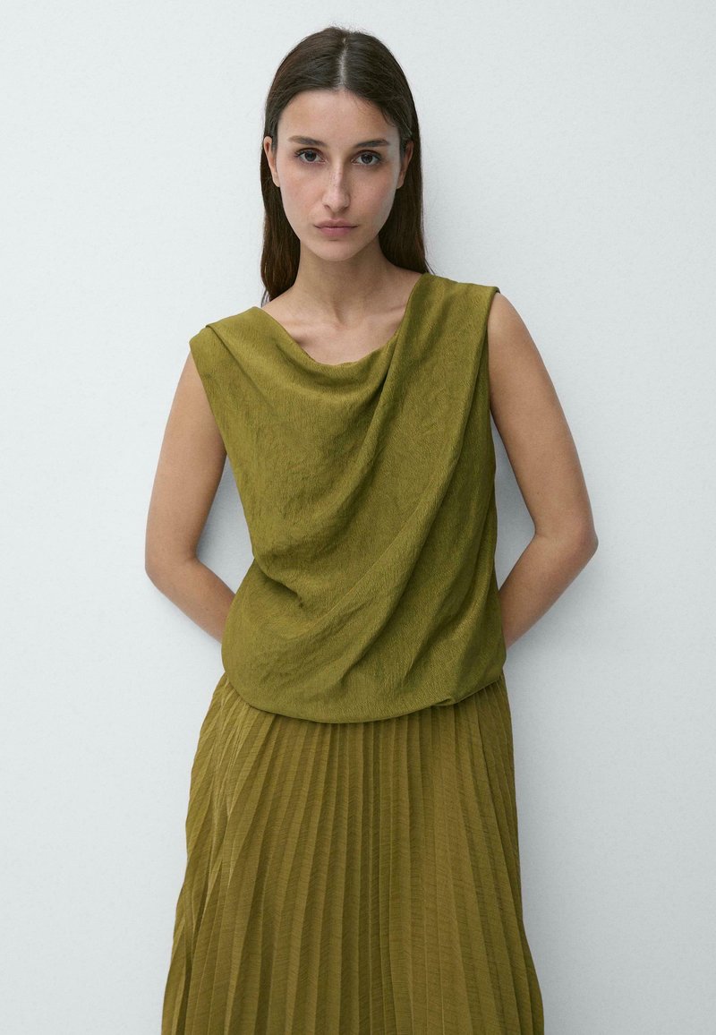 Green Dress Massimo Dutti Pleated Dress Flowing Midi Dress With Scarf  Detail GREEN