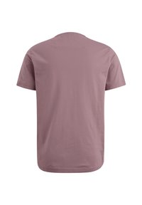 Kortærmet mauve T-shirt med rund hals, vist fra ryggen på en hvid baggrund.