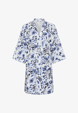 White kimono robe with blue floral print, wide sleeves, and a matching fabric belt tied at the waist.