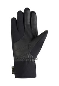 Schwarze Handschuhe mit einer Lederhandfläche und thermischem Material, versehen mit einem strukturierten Design und einem engen Handgelenkbündchen. Enthält ein kleines Etikett.