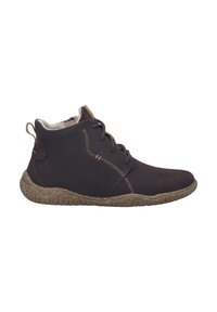 Bottine en cuir marron foncé à lacets avec coutures beige, semelle en caoutchouc texturée et languette à l’arrière, vue de côté.