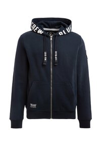 Sudadera con cremallera en navy para hombre, hecha de una mezcla de algodón, que cuenta con una capucha con cordón, puños acanalados, dos bolsillos frontales y detalles del logo en contraste.