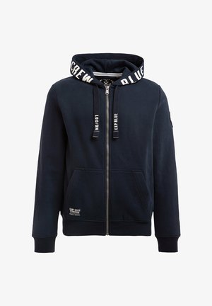 Sudadera con cremallera en navy para hombre, hecha de una mezcla de algodón, que cuenta con una capucha con cordón, puños acanalados, dos bolsillos frontales y detalles del logo en contraste.