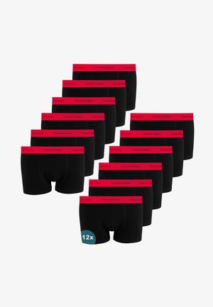 Zwölf Paar schwarze Boxershorts mit roten Taillenbändern, jedes Taillenband mit rotem Schriftzug "Vincent Creation".