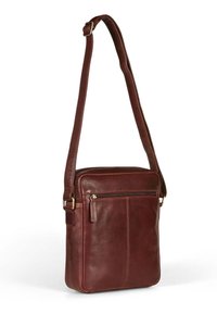 Borsa a tracolla in pelle marrone con tracolla regolabile, forma rettangolare, tasca frontale con zip e texture liscia.