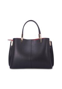 Zwarte leren tote bag met twee korte hengsels, accenten van goudkleurig beslag en een gladde textuur. Het interieur heeft een contrasterende rode voering.