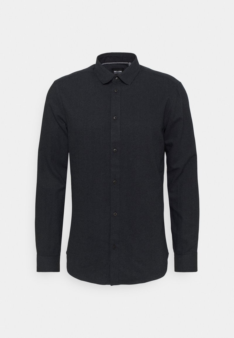 Camicia nera a maniche lunghe con bottoni, realizzata in tessuto testurizzato, caratterizzata da un colletto classico, bottoni frontali e un orlo curvo.