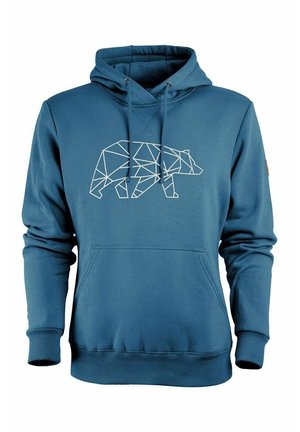 Blå hættetrøje med geometrisk hvid bjørnedesign på brystet og forlommelomme.