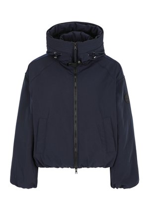 Marineblaue, kurz geschnittene Jacke mit hohem Kragen, Reißverschluss, Seitentaschen und elastischen Bündchen. Hergestellt aus einem glatten, wasserabweisenden Material.