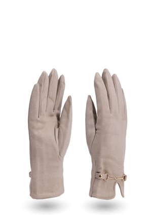 Guanti in suede beige con una texture liscia, dita allungate e dettagli in metallo dorato al polso per una vestibilità regolabile.