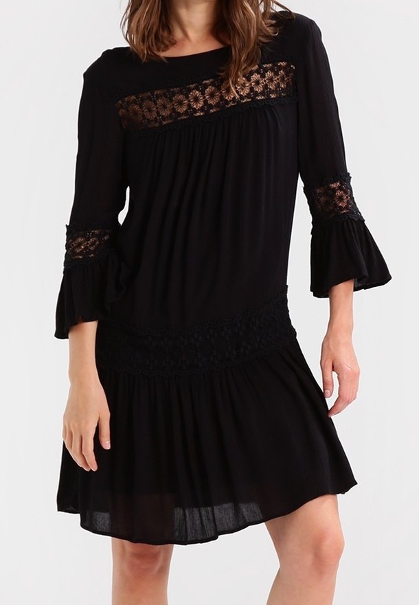 Black dress with three-quarter sleeves, lace detailing at the neckline and sleeves, a gathered waist, and a flared skirt. Lightweight fabric.