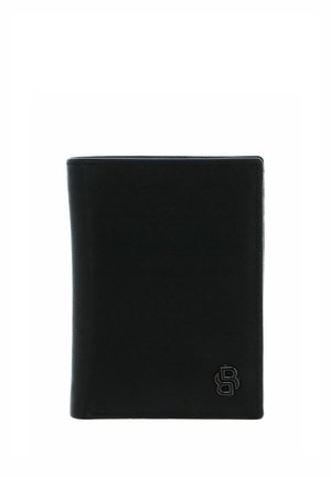 Portefeuille en cuir noir, de forme rectangulaire, texture lisse, avec un petit logo embossé dans le coin inférieur avant.