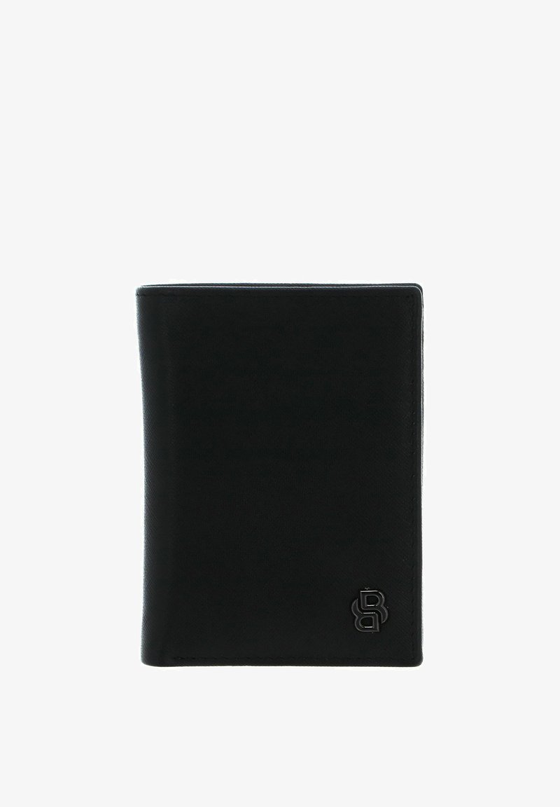 Portefeuille en cuir noir, de forme rectangulaire, texture lisse, avec un petit logo embossé dans le coin inférieur avant.