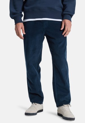 Navy corduroy pants with a straight fit, textured surface, and side pockets, paired with light-colored suede shoes.