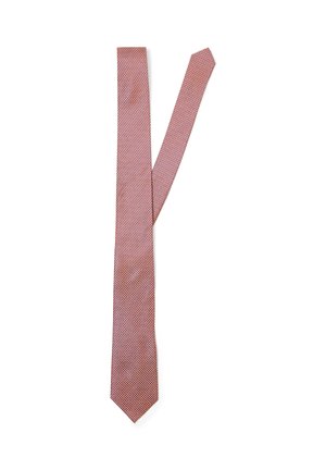 Narrow woven necktie in red with small white and blue geometric pattern, displayed flat on white background.