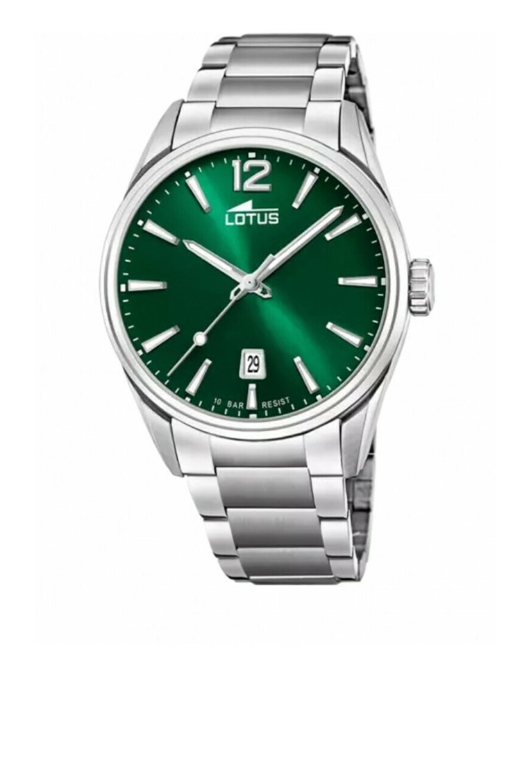Montre en acier inoxydable argenté avec un boîtier rond, un cadran soleillé vert, des aiguilles luminescentes, un affichage de la date à 6 heures et un bracelet à maillons.