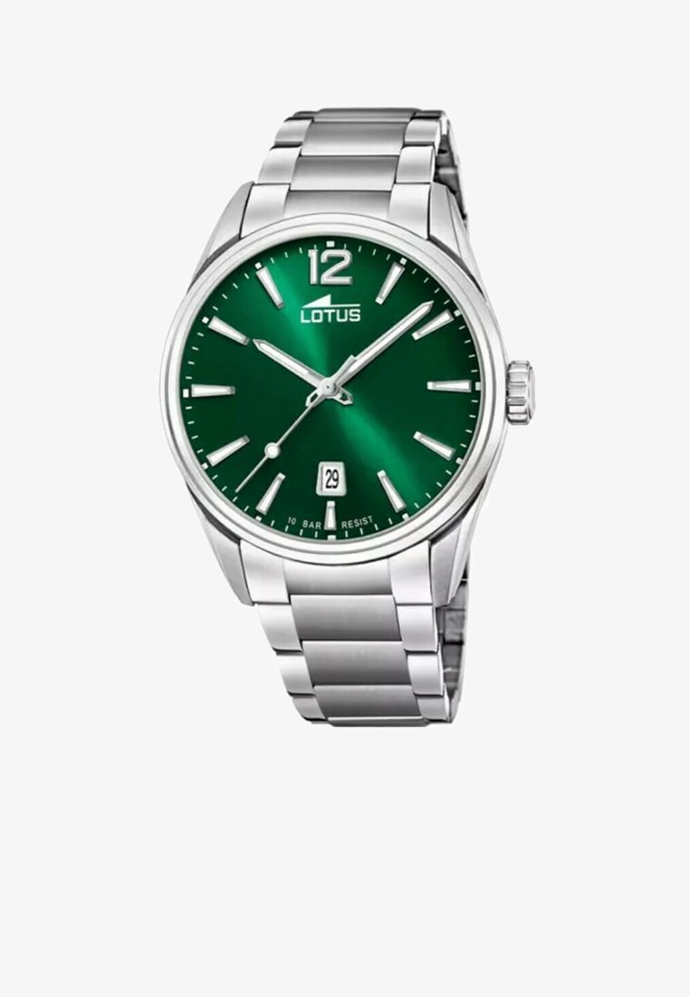 Zilveren roestvrijstalen horloge met een ronde kast, groene zonnestraal-dial, luminescente wijzers, datumaanduiding op 6 uur en een schakelarmband.