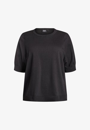 Schwarzer Kurzarmpullover aus weichem Strickstoff mit rundem Ausschnitt sowie Rippstrickbündchen an Ärmeln und Saum, der eine lockere Passform bietet.