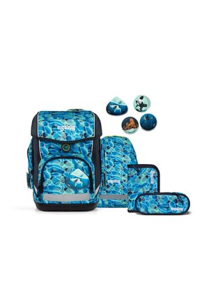Blue patterned backpack with reflective accents, includes matching pencil case and wallet. Features aquatic-themed decorations. Durable material.