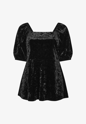 Schwarzes Samtkleid mit quadratischem Ausschnitt, puffierten Ärmeln und schwingendem Rock. Glatte Textur mit leichtem Glanz. Keine sichtbaren Muster oder Akzente.