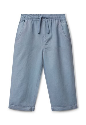 Pantaloni in misto cotone azzurro chiaro con vita elastica, stringi vita, due tasche laterali e orli a polsino. Tessuto morbido, vestibilità comoda.