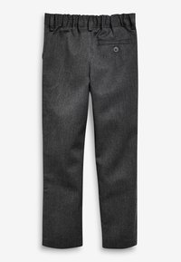 Pantaloni grigi intrecciati con finitura testurizzata, vita elasticizzata, tasca sul retro con bottone e gambe dritte. Presentano pieghe stirate.