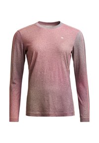 Long-sleeve shirt in gradient shades of pink and grey, featuring a crew neck, minimal branding, and contrasting side seams. Soft, textured fabric.
