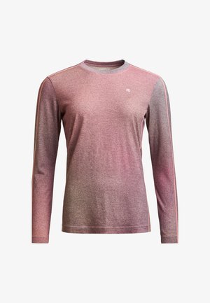 Long-sleeve shirt in gradient shades of pink and grey, featuring a crew neck, minimal branding, and contrasting side seams. Soft, textured fabric.