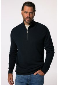 Marinefarbener Quarter-Zip-Pullover mit gerippter Struktur und langen Ärmeln. Verfügt über einen halben Kragen und ein dezentes Logodetail am Ärmel.