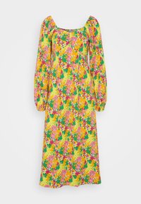 Blommig klänning med fyrkantig halsringning, långa puffärmar och en gul botten. Har ett livligt mönster i rosa, gröna och orange nyanser.